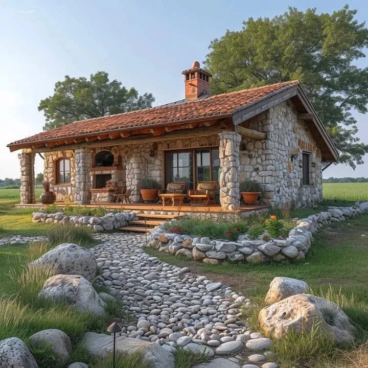 Maison en pierre avec toiture traditionnelle